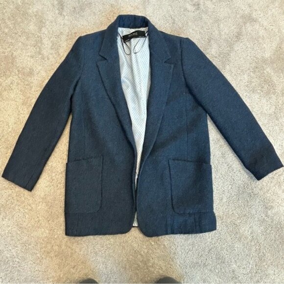 Zara navy blue knit open front blazer pockets Sz S - Picture 4 of 9